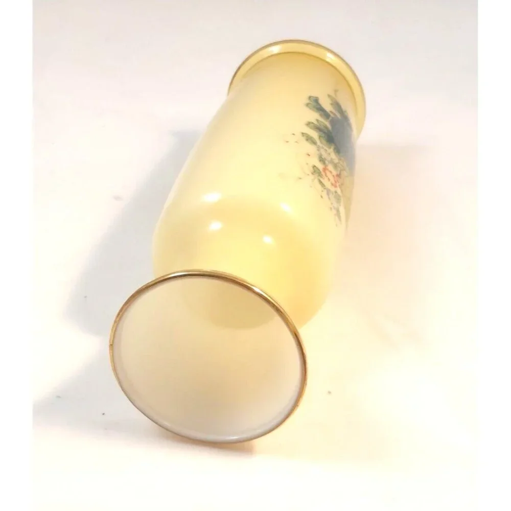 Vtg Hand Blown Golden Amber White Encased Glass Vase Hand Painted Flowers 8